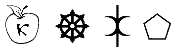 The symbols of Discordian Buddhism: the Apple, the Wheel of Dhama, the Hand of Eris, the Pentagon